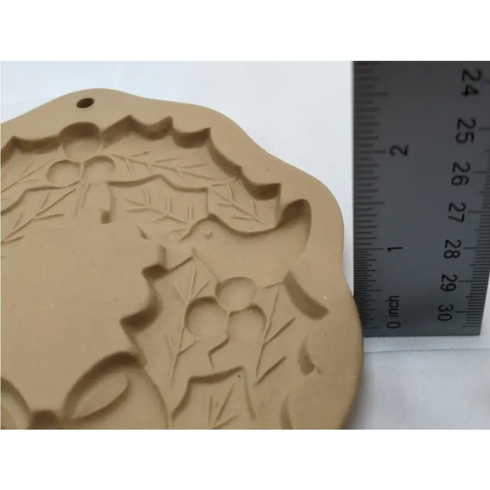 1988 Hill Design Brown Bag Cookie Art Holly Wreath Birds Stoneware Mold Vintage